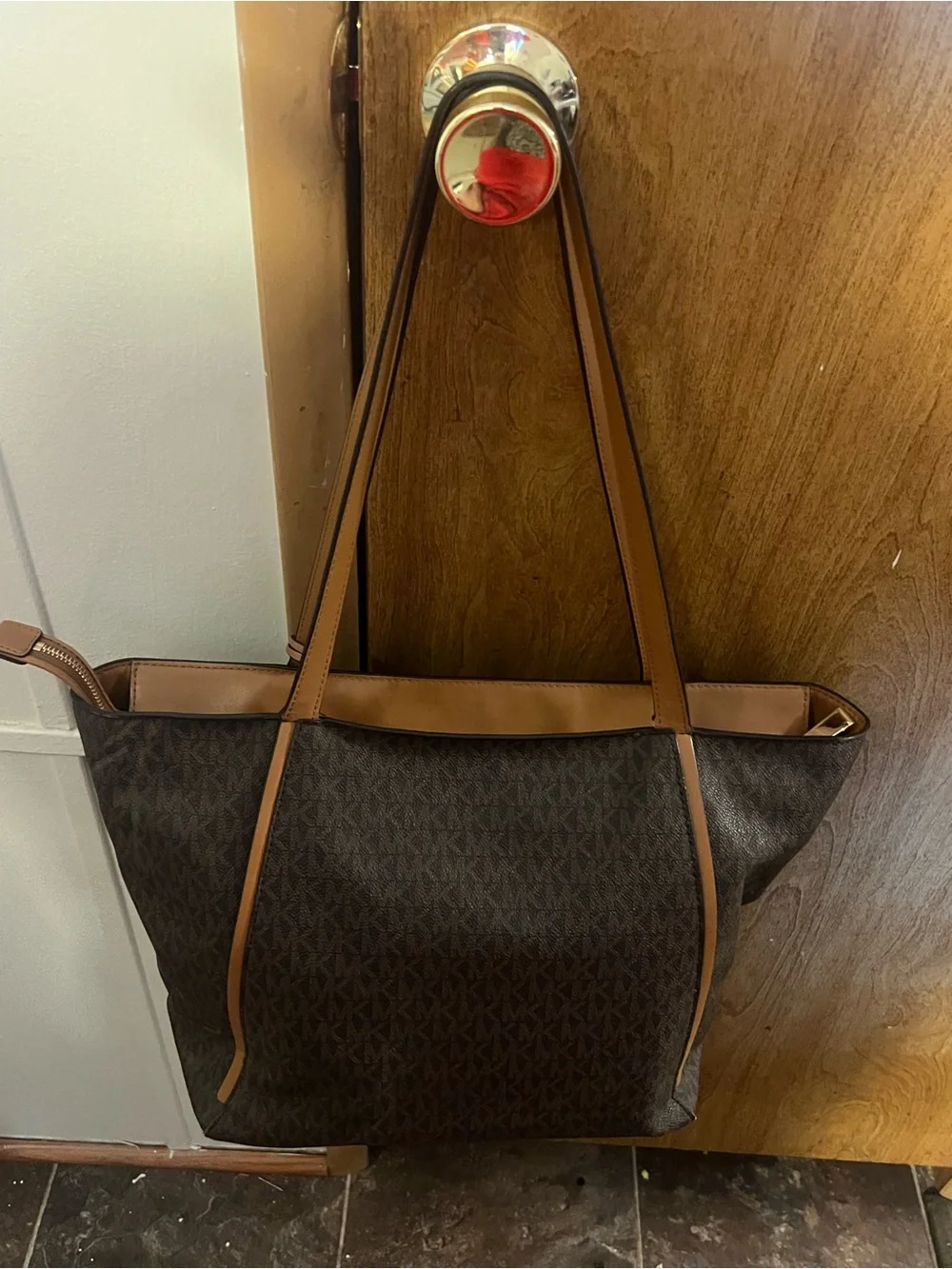 Michael Kors Dark Brown MK Logo Tote with Tan Trim and Red Tag Accent